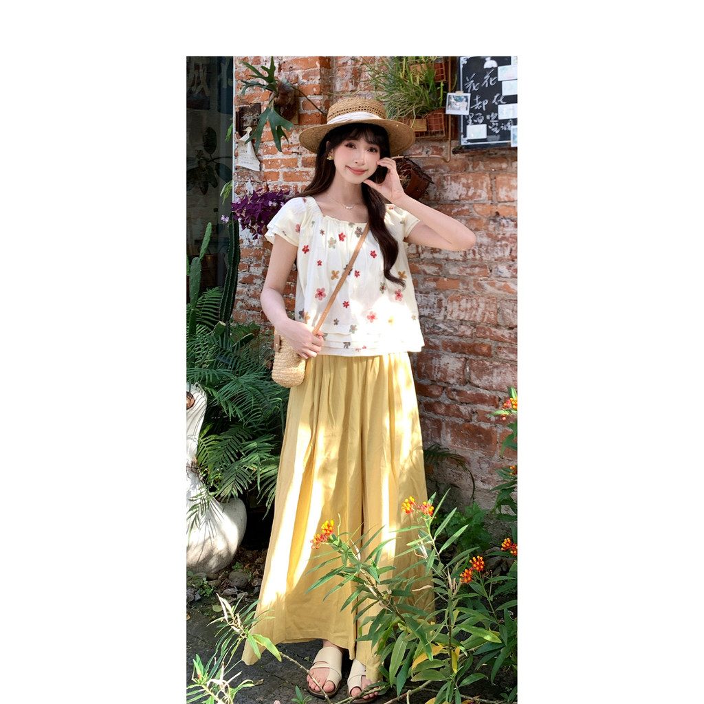 Mutu Áo Sơ Mi Tay Ngắn & Quần Ống Rộng Two-Piece Set Cho Mùa Hè, Cổ Vuông, Phong Cách Cao Cấp Mới