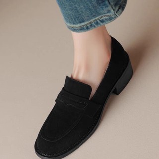 Loafers Giày Đơn Nữ Phong Cách Anh Plus Nhung Giày Da Nhỏ Nữ Mùa Xuân 2024 Mùa Thu Pháp Retro Da Lộn Gót Dày Slip-On Loafers