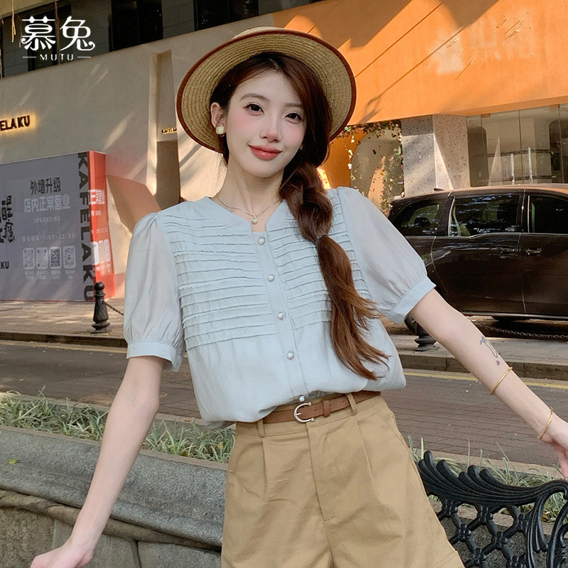 Mutu Áo Sơ Mi Retro Haze Xanh Cho Nữ Mùa Hè 2026, Thiết Kế Xếp Ly Tay Ngắn Cổ Tròn