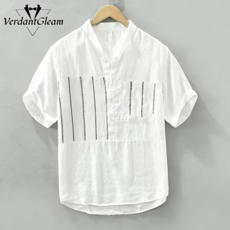 VG Áo sơ mi tay ngắn unisex phong cách Nhật Bản, chất liệu vải lanh thoáng mát, phù hợp mặc hàng ngày mùa hè