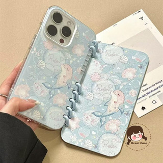 Ốp Điện Thoại Dolphin Flip Book Cho iPhone 16 Pro Max 15 14 Plus 13 12 11 Pro Max 16ProMax 15ProMax Mùa Hè Trong Suốt Ốp Lưng Hoạt Hình Dễ Thương Conch Đại Dương Mềm Giá Đỡ Vỏ
