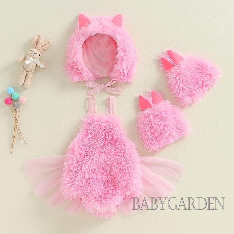 Baga-0-24 Tháng Tuổi Bé Gái Áo Liền Quần Thỏ Sang Trọng Không Tay Lưới Viền Body Có Mũ Và Chân