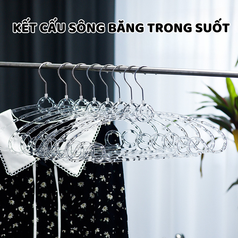 Móc Treo Quần Áo Combo 10 Chiếc Chống Trượt Vân Kim Cương Trong Suốt Sang Chảnh, Mắc Áo Xoay 360