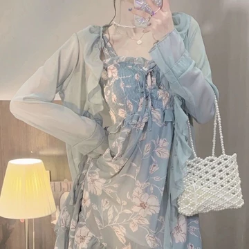 【Bess's house-bigsize】Cardigan mỏng+váy hoa nhí bigsize，váy tiểu thư sang chảnh，Đầm mùa hè 2024 kiểu Pháp mới sang trọng Dây đeo hoa，váy hoa nhí dáng dài， nữ dáng dài， nữ bigsize，