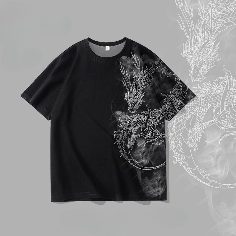 Chinese Style Trendy Dragon T-shirt Men's Loose plus Size Casual Short-Sleeved Top Fashion All-Match T-shirt Breathable Quick-Drying