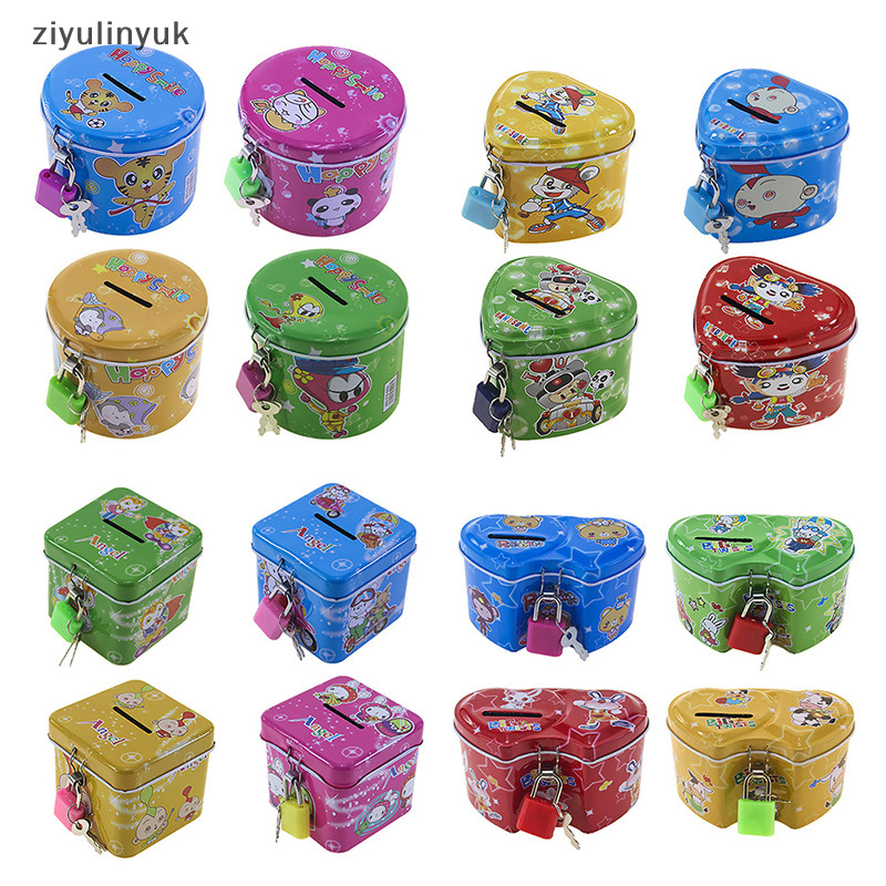 Ziyulinyuk Hoạt Hình Dễ Thương Vuông Thiếc Kim Loại Heo Đất Tiết Kiệm Tiền Đồng Xu Hộp Tiền Trẻ Em Trẻ Em Quà Tặng Sinh Nhật 4 Màu Có Khóa / Chìa Khóa EN