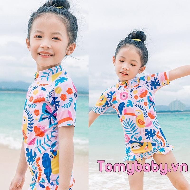 Đồ Bơi Bé Gái Nhiều Màu Sắc In Hình Hoạt Hình Xù Viền Tay Ngắn Dây Kéo Đồ Bơi