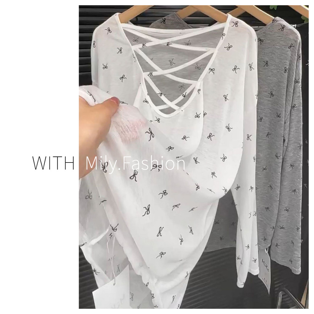 Milyfashion Rời Lưng Xuyên Rỗng Nơ Dài Tay Áo Thun Lớn Nữ Mỏng Phong Cách Chống Nắng Áo Top