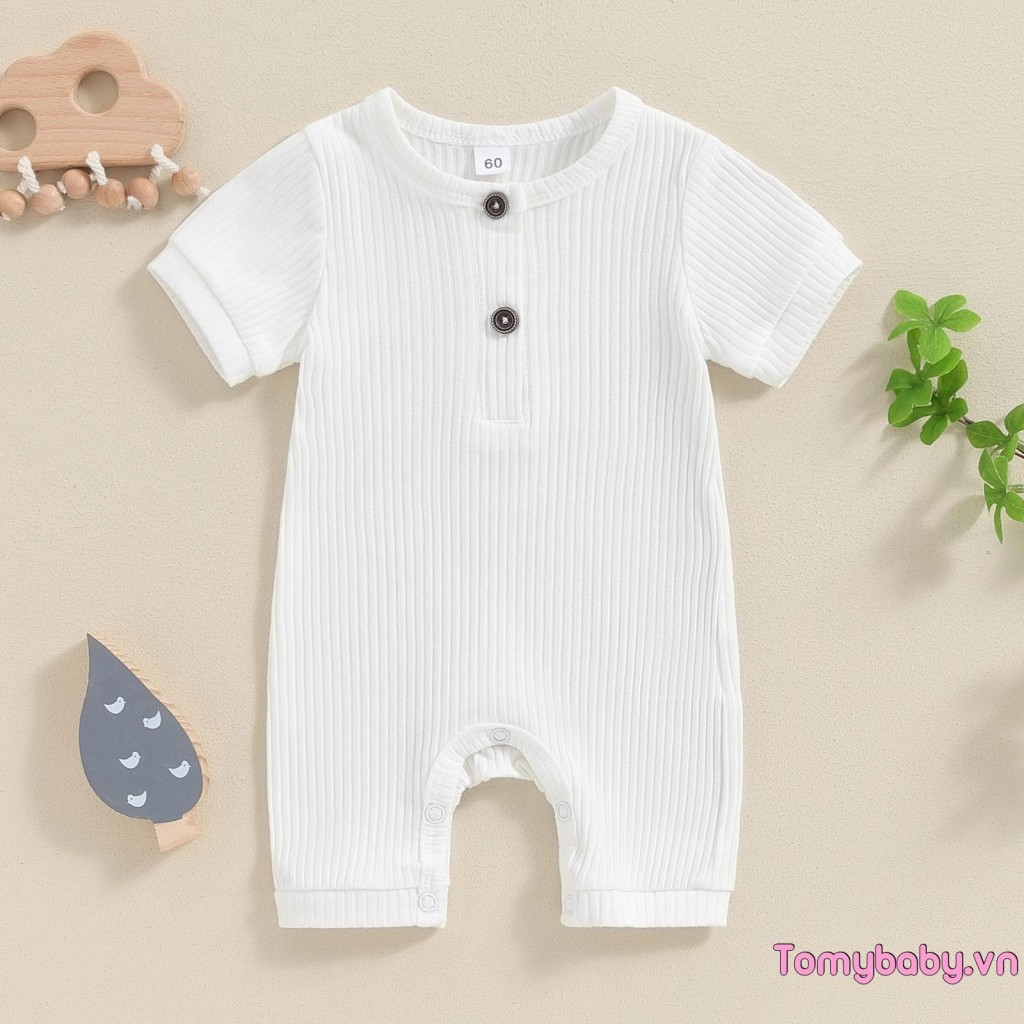 Bộ áo liền quần ngắn tay cho bé màu trơn đan gân cổ chữ O cho bé trai bé gái