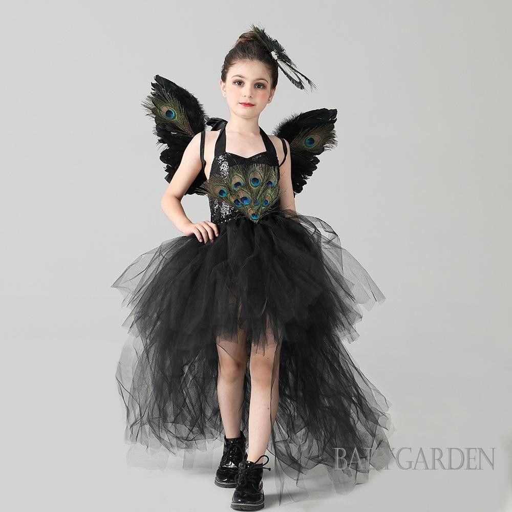 / / -2-12 Tuổi Trẻ Em Bé Gái Trang Phục Halloween Kim Sa Lấp Lánh Đầm Con Công Cánh Và Kẹp Tóc Cho Tiệc Cosplay Trang Phục Ngày Lễ