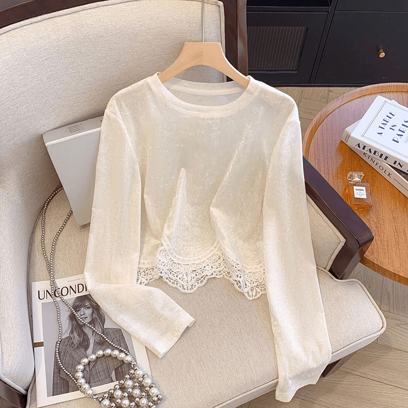 Milyfashion Ren Khâu Hem Nhung Dài Tay Áo Thun Nữ Thu Đông Phong Cách Mới Tất Cả Trận Đấu Mỏng Hơn Nhìn Ngắn Top Mỏng
