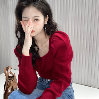 Áo mặc trong tay phồng cổ vuông màu đỏ áo len dệt kim xương đòn phong cách Hàn Quốc mùa thu đông cho nữ