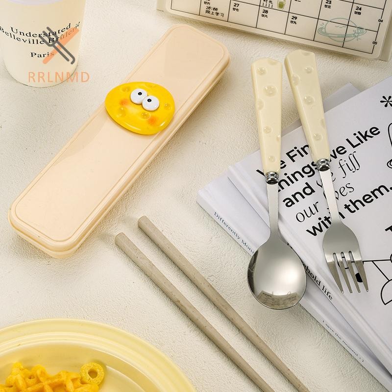 Rrlnmd Thép Không Gỉ Dễ Thương Thìa Phô Mai Nĩa Lúa Mì Chop Bộ Ba Món Học Sinh Trẻ Em Di Động Bộ Đồ Ăn Hộp Bảo Quản MỚI