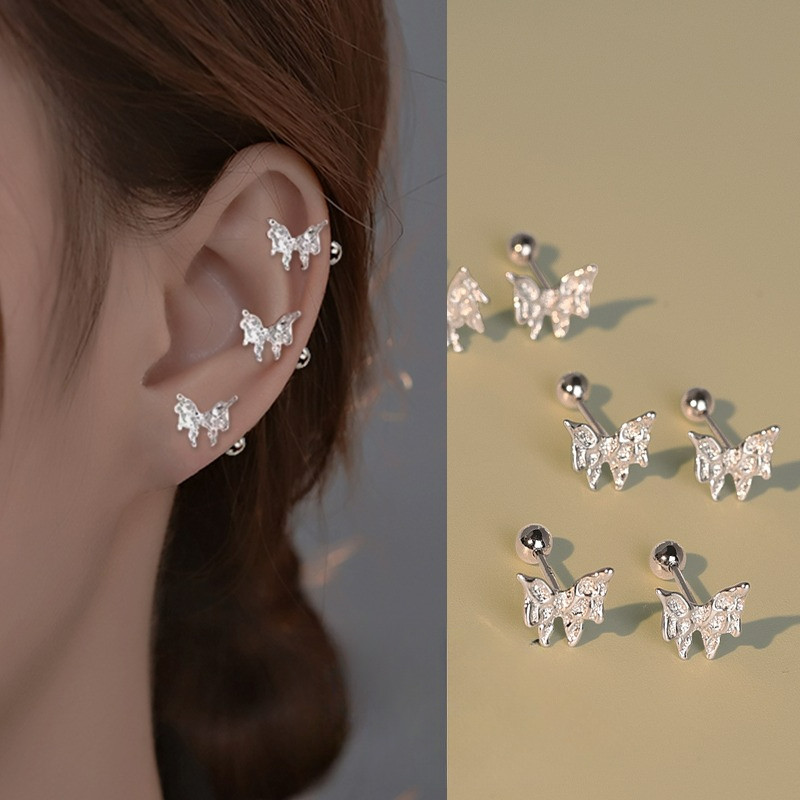 S925 Bạc Bướm Nơ Tai Móng Tay Xoắn Vít Rọc Tai Bông Tai