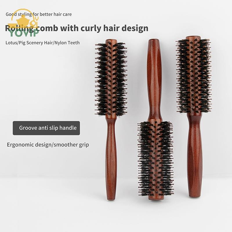 YOVIP 1 Cái Tay Cầm Gỗ Tròn Cán Bàn Chải Thẳng Twill Lược Tóc Boar Lông Tròn Thùng Uốn Tóc Dụng Cụ Làm Tóc VN