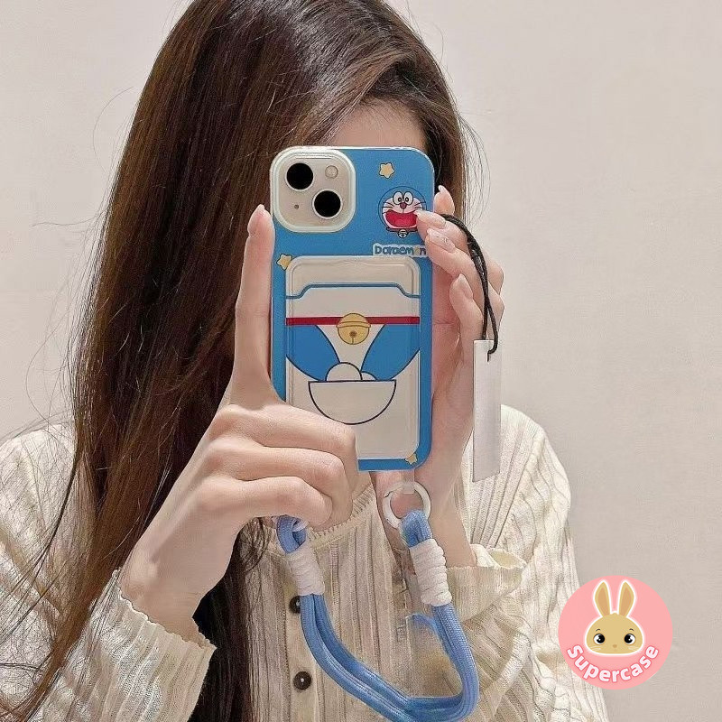 Vỏ đựng thẻ Doremon dễ thương cho OPPO Reno 14 13 Pro Find X8 Pro X7 8 Pro Plus 8Z 7Z 8 7 Lite 6 Pro 5 4Z 3 5G Vỏ điện thoại hoạt hình Vỏ ví chống sốc mềm có dây cầm tay