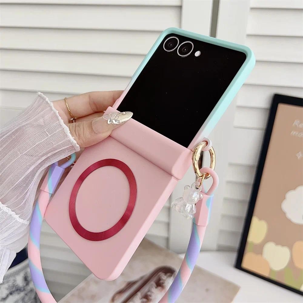 Ốp Điện Thoại Bảo Vệ Bản Lề Mờ Cho Samsung Galaxy Z Flip7 Flip 7 6 5 4 3 5G Màu Kẹo Chuyển Đổi Dây Đeo Tay