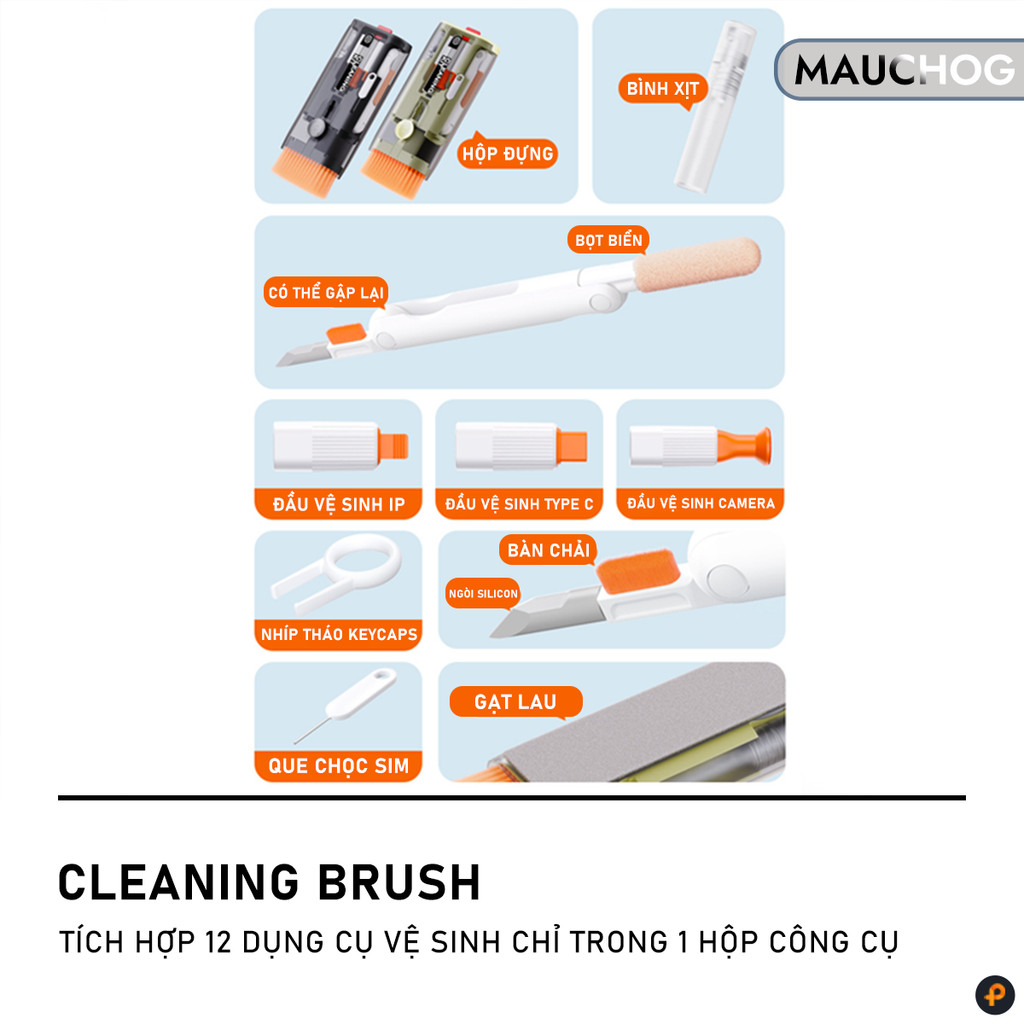 Bộ Dụng Cụ Vệ Sinh Đa Năng Nhỏ Gọn 12 Trong 1 Cho iPhone iPad Macbook Laptop Bàn Phím Tai Nghe