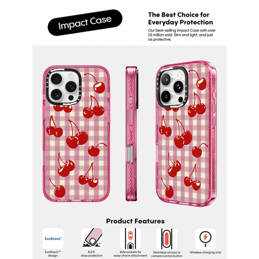 CASECASE X Cherry Gingham Ốp Lưng Màu Hồng Fizz Trong Suốt Cứng Hút Từ Tính Tác Động Dành Cho Apple IPhone 12 13 14 15 16 Pro Max Plus Có Hộp