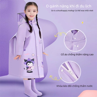 Áo mưa trẻ em hình Kuromi – Toàn thân chống thấm, khóa kéo bền, che balo tiện lợi