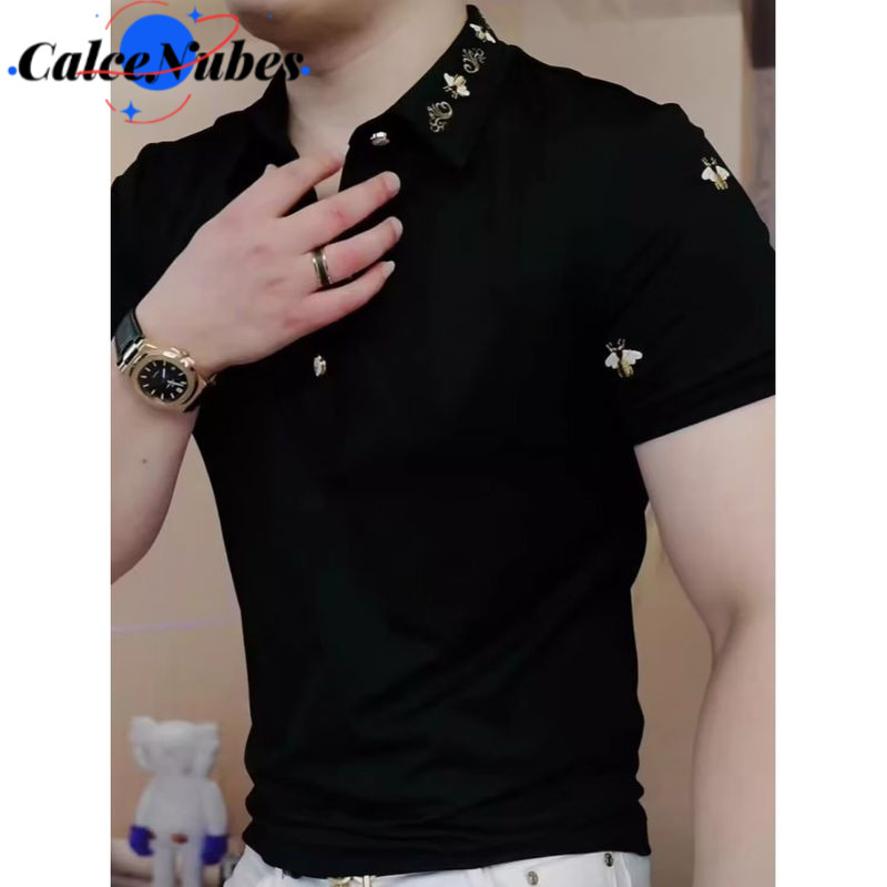 Áo sơ mi Polo nam mùa hè, đính và thêu, phong cách công sở