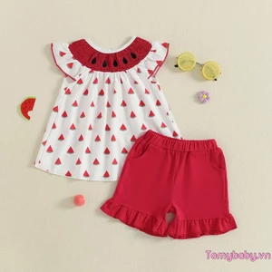 Bộ trẻ em bé gái không tay cổ tròn in hình dưa hấu + quần short Trang phục 2 món mùa hè