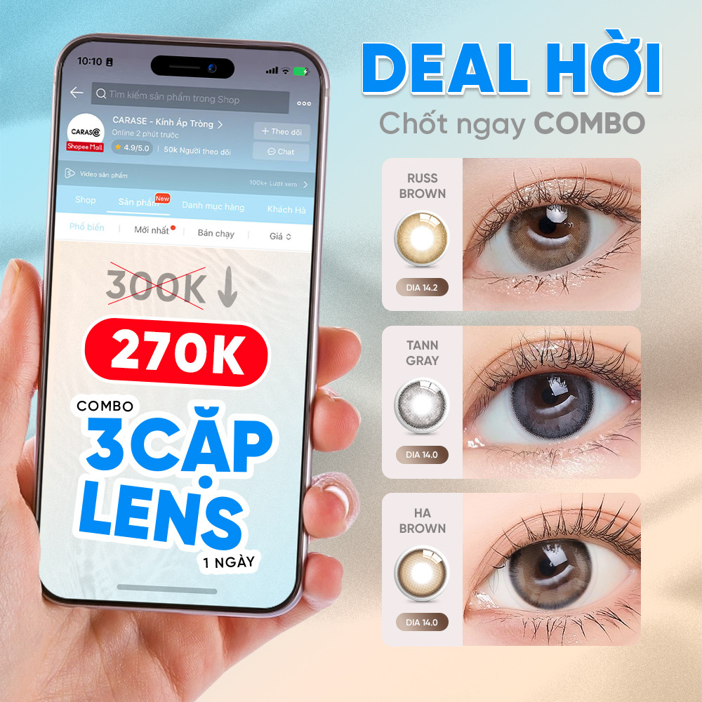 Combo 3 Cặp  Kính Áp Tròng 1 Ngày CARASE, Lens Cận Russ Brown/Tann Gray/Ha Brown - 3 cặp