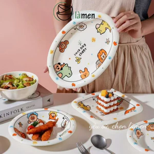Bộ Bát Đĩa Sứ Hoạt Hình Dễ Thương, Bát Cơm, Đĩa Sứ Họa Tiết Đáng Yêu Cho Bé SET015