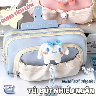 Túi Đựng Bút Học Sinh Đáng Yêu - Túi Bút Vải Canvas Nhiều Ngăn Kèm Dây Rút, Thiết Kế Cute, Đa Năng Tiện Dụng