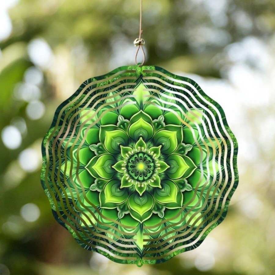 Máy quay gió Mandala xanh thanh lịch 3D - Chuông gió kim loại để trang trí sân vườn & sân hiên, không cần điện
