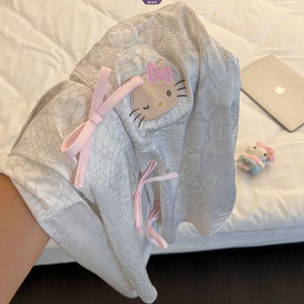 Bộ đồ ngủ mèo Leopard Bow Kitty dành cho nữ, quần dài tay, phù hợp xuân thu