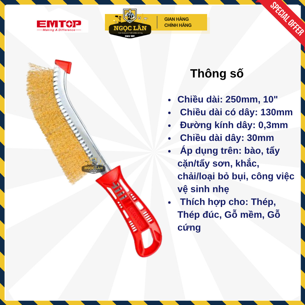 [Chính hãng] Bàn chải thép EMTOP đánh rỉ, chà sắt cán nhựa đỏ 10"- 250mm cao cấp