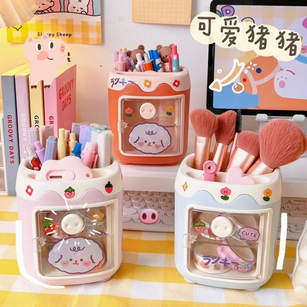 Lưu Trữ Xô Văn Phòng Phẩm Cô Gái Dễ Thương Để Bàn Sinh Viên Dung Tích Lớn Ống Bảo Quản Trẻ Em Bút Dễ Thương Heo Con Bán Buôn