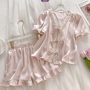 Bộ đồ ngủ nữ màu hồng ren cao cấp, phù hợp mùa hè