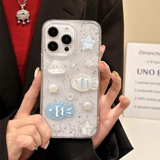 3D Ngôi Sao Xanh Cá Bạc Lá Nhựa Ốp Lưng Điện Thoại iPhone 17 Pro Max 16 15 14 13 12 11 Vỏ Bảo Vệ Chống Sốc