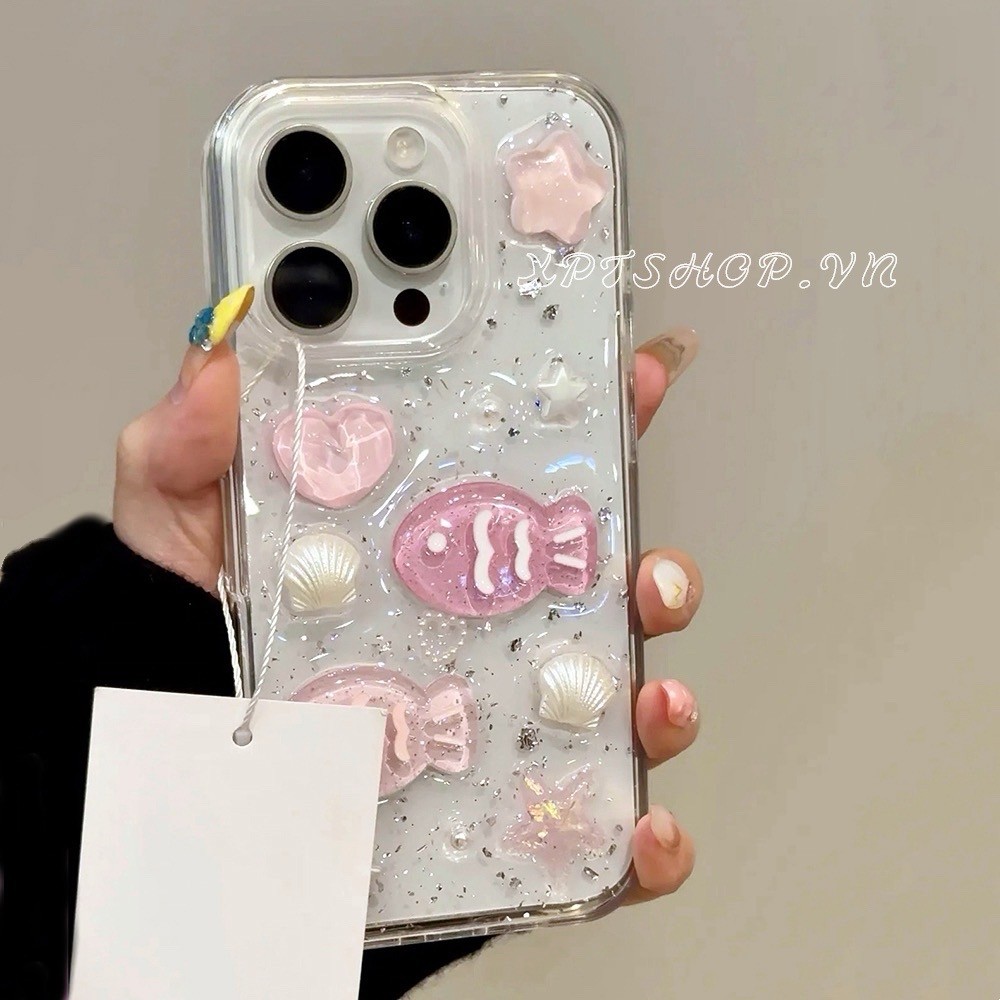 3D Vỏ Hồng Cá Bạc Lá Nhựa Ốp Lưng Điện Thoại iPhone 17 Pro Max 16 15 14 13 12 11 Vỏ Bảo Vệ Chống Sốc