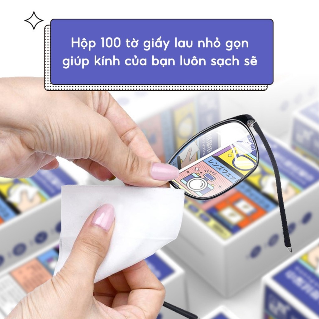 Hộp 100 Khăn lau kính nano chống bám hơi nước, Giấy lau kính mắt chống sương mù mồ hôi