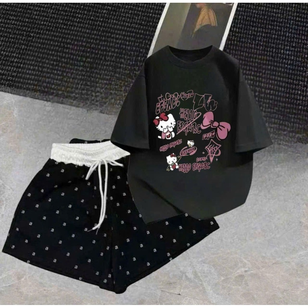sét bộ quần ĐÙI cộc CHỮ A cạp chun màu trắng +mix áo phông -MÈO CUTE