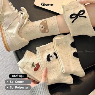 Set 5 đôi tất cao cổ nữ họa tiết gấu nơ cute GOMTAT, vớ chân chất cotton phong cách Hàn Quốc hot trend – JIN-2517-CB5