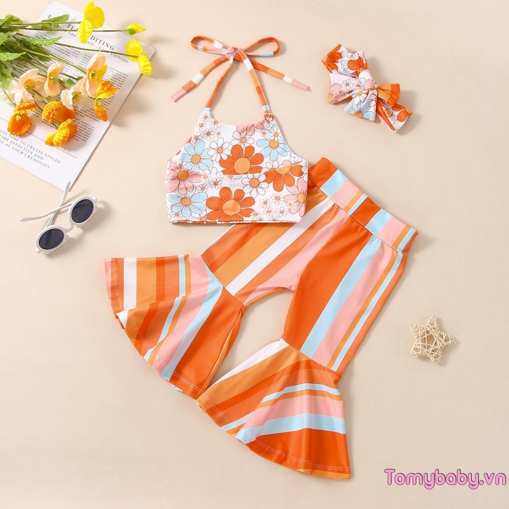 Bộ 3 trang phục mùa hè cho bé gái mới biết đi Áo hai dây in hoa + Quần loe sọc + Bộ băng đô nơ