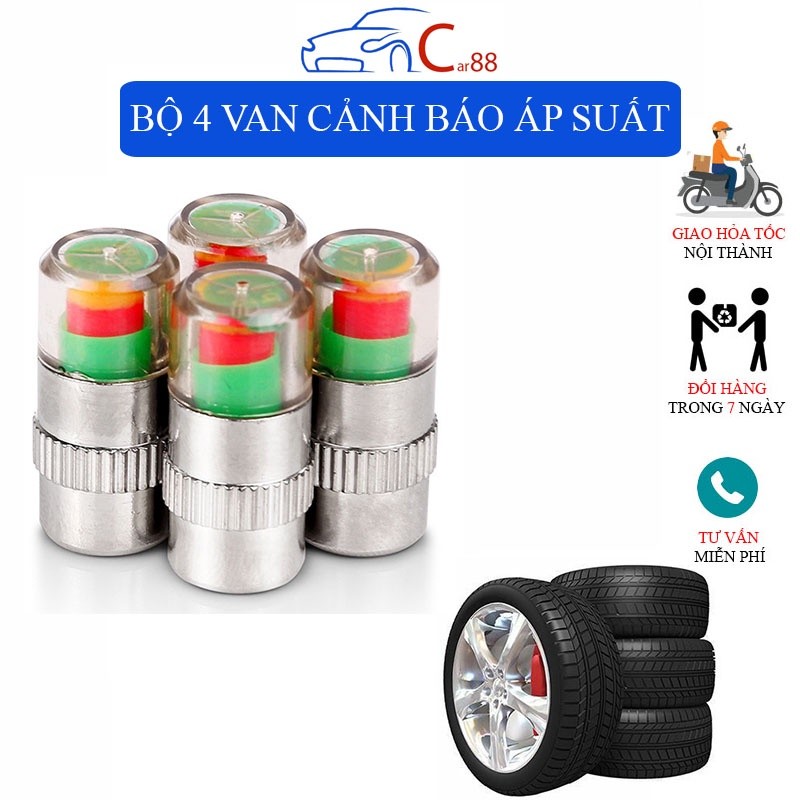 Theo dõi áp suất lốp Bộ 4 Nắp Van Lốp Xe Cảnh Báo Áp Suất Lốp 3 Màu Hiển Thị Kiểm Tra Dễ Dàng