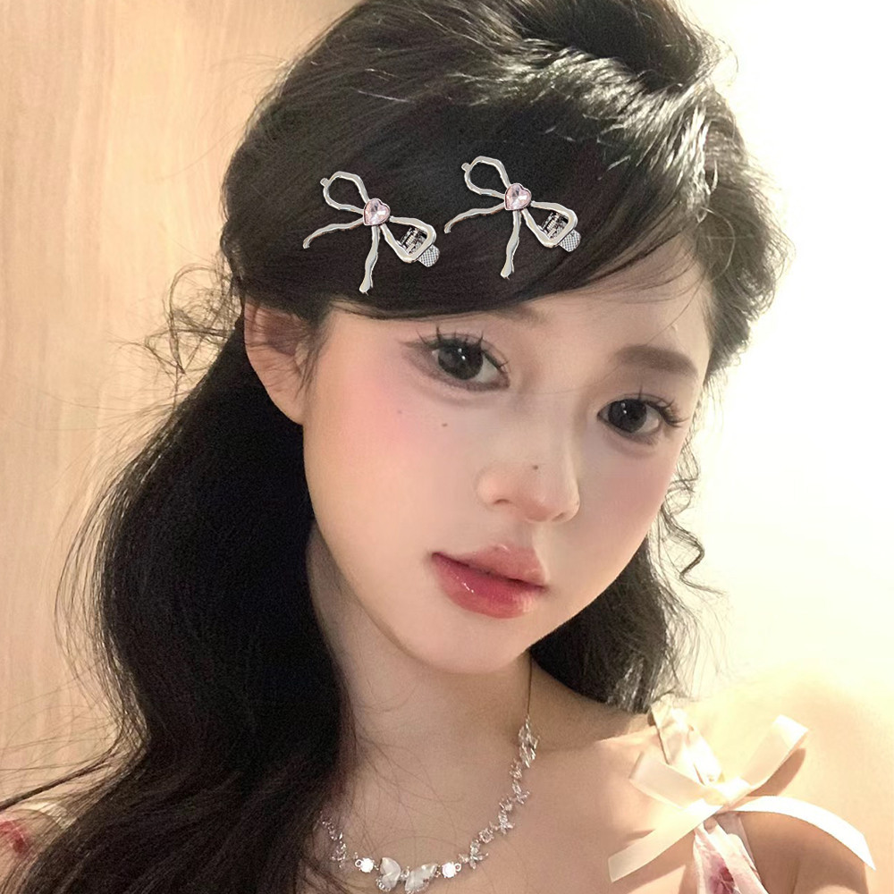 Kẹp tóc nơ kim loại hình trái tim - Kẹp tóc bạc sáng bóng cho bé gái Y2k - Thời trang, Phong cách múa ba lê, Ngọt ngào, dễ thương Kẹp mỏ vịt - Phụ kiện tóc phổ biến