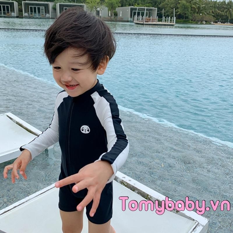 Trẻ Em Bé Trai Đồ Bơi Playsuit Họa Tiết Gấu Trúc Chắp Vá Dây Kéo Dài Tay Chống Nắng Bộ Đồ Tắm