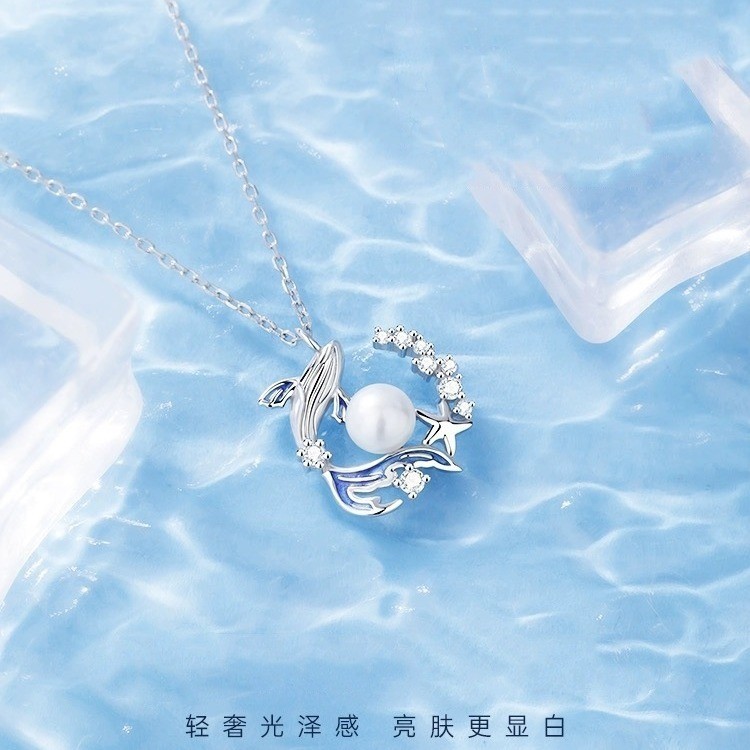 Thời Trang S925 Bạc Cá Voi Xanh Vòng Cổ Nữ Độc Đáo Giả Vỏ Hạt Mặt Dây Chuyền Quà Tặng Sinh Nhật