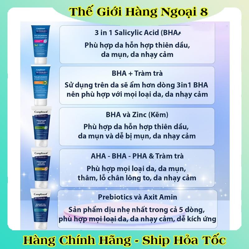BỘ SỮA RỬA MẶT/ TONER BHA Compliment No Problem làm sạch sâu, giảm viêm & mụn 200ml của Nga