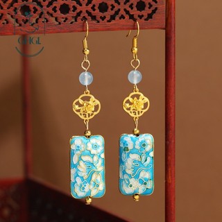 GHGl Hàng Sẵn Có Thiết Kế Ban Đầu Mới Trung Quốc Bông Tai Cloisonne Nữ Retro Men Hoa Vuông Đĩa Bông Tai Phong Cách Trung Quốc Bông Tai Sườn Xám