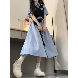 Bộ đồ / một mảnh nữ sinh viên tay phồng sọc cổ POLO cổ áo sơ mi ngắn tay + Áo Vest phong cách Preppy 8.26