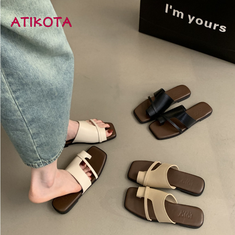 Atikota Nữ Sandal Đế Bằng Đơn Giản Màu Trơn Thời Trang Đế Mềm Chống Trơn Trượt Thích Hợp Cho Xăng đan Đi Biển Kỳ Nghỉ