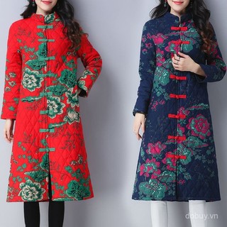 Váy liền sườn xám mùa xuân, mùa thu và mùa đông mẫu mới retro phong cách dân tộc vải cotton và vải lanh áo khoác đệm giữa dáng dài cho mẹ trung niên và cao tuổi Áo khoác đệm