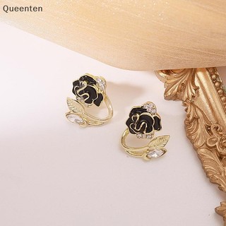 Queenten Độc Đáo Vintage Tính Khí Thanh Lịch Màu Đen Camellia Kim Cương Giả Hoa Nhỏ Phong Cách Mới Bông Tai QT